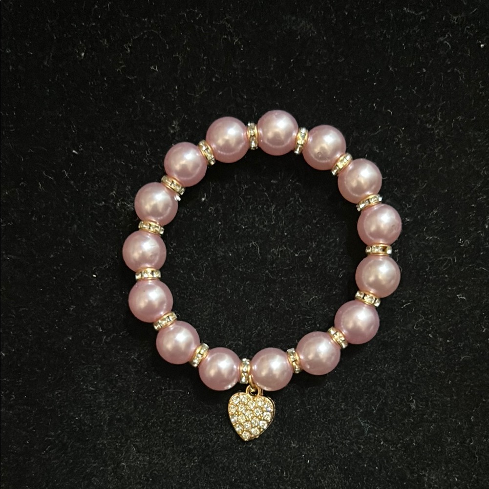 Pink And Gold Pearl Bracelet With Heart Charm
